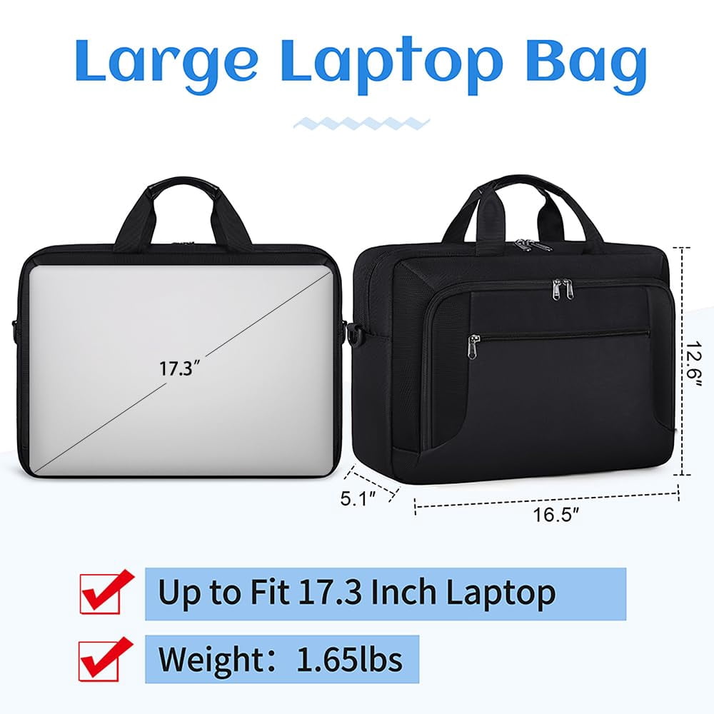 Laptop Bag 17.3 Inch Laptop Briefcase Large Waterproof Laptop Case for Men Women Business Office Work Computer Bag 17 Inch Adjustable Shoulder Messenger Bag,Black