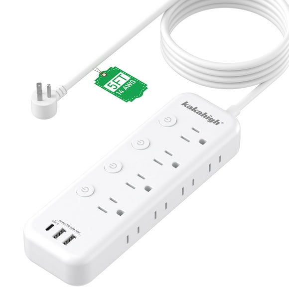 Cable de extensión para electrodomésticos con interruptores individuales de encendido y apagado - Cable de extensión resistente de 5 pies, 1875 W con puertos USB, 8 salidas, protección contra sobrecar