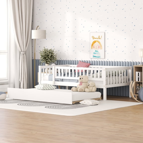 Harper & Bright Designs Twin Size Low Daybed with Trundle, Wood Twin Platform Bed Frame with Rails for Boys and Girls Bedroom, White
