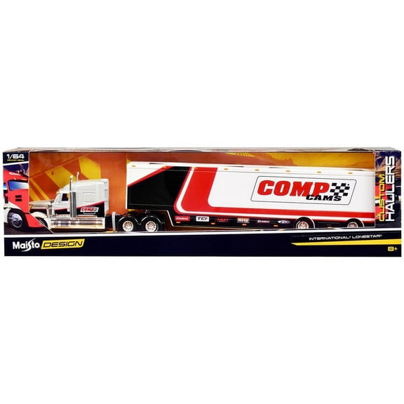 International LoneStar Enclosed Car Transporter "Comp Cams" White and Black with Stripes 1/64 Diecast Model by Maisto