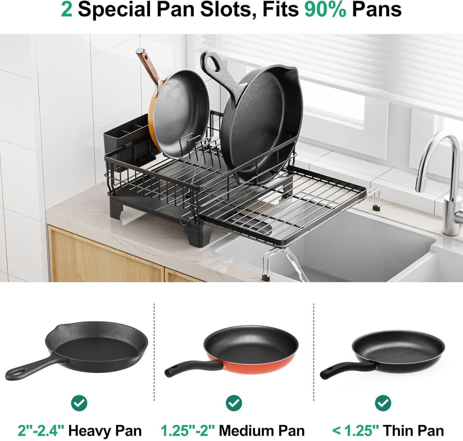 Expandable Dish Drying Rack for Kitchen Counter, Large Capacity 2-in-1 Rust Resistant Dish Drainer with Swivel Spout and Pull Out Over Sink Extension, 16.7" W x 12.6"-22.4" L, Black