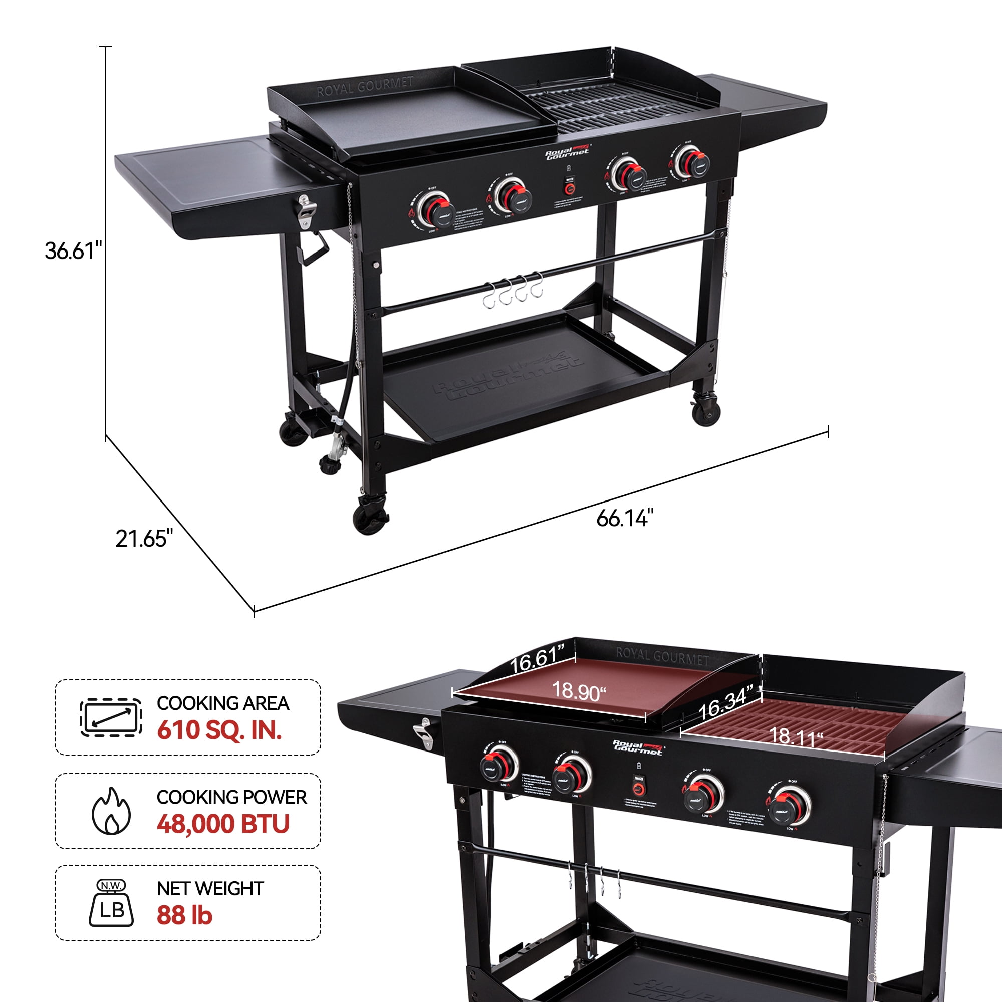 Royal Gourmet 4-Burner GD402 Portable Flat Top Gas Grill and Griddle Combo with Folding Legs, 48,000 BTU, Black