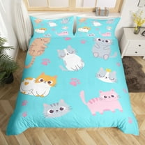 Erosebridal Cute Cat Duvet Cover Kawaii Animal Twin Bedding Set ,Cartoon Cats Comforter Cover Set Colorful Sleeping Cat Quilt Cover With Zip Up 1 Pillow Case Turquoise (No Comforter)