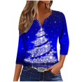 thumbnail image 2 of Puntoco Camiseta informal con cuello en V y botones con estampado navideño de moda para mujer, blusa holgada de manga 3/4, 2 of 5