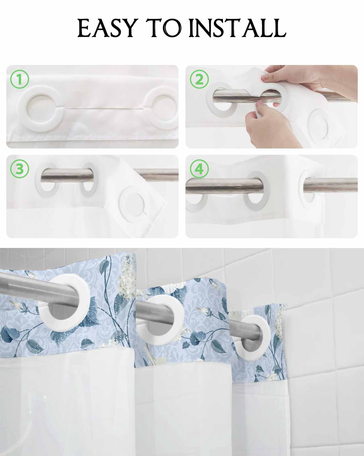 No-Hook Shower Curtain Set With Snap-In Liner - Blue Floral, See-Through Top Window, 71x74 Inches