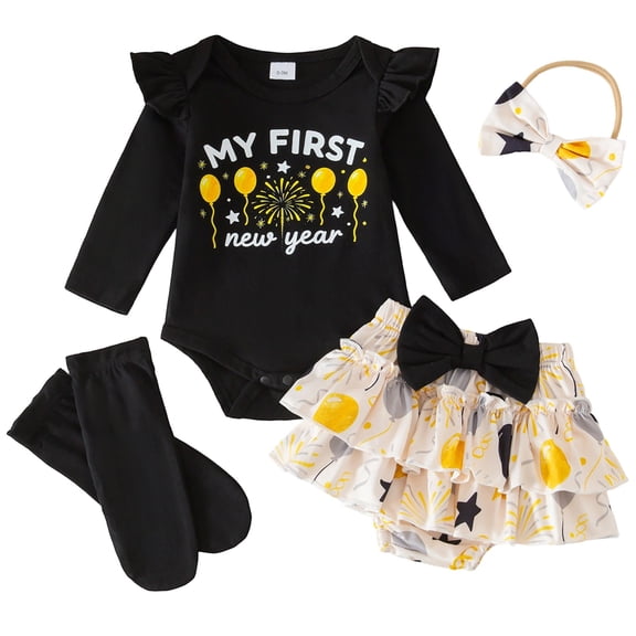 Bibifish Baby Girls 4 Piece New Year Set Black Bodysuit With MY FIRST New Year Print With Skirt Headband And Socks Graphic Baby Party Birthday Adorable Outfit