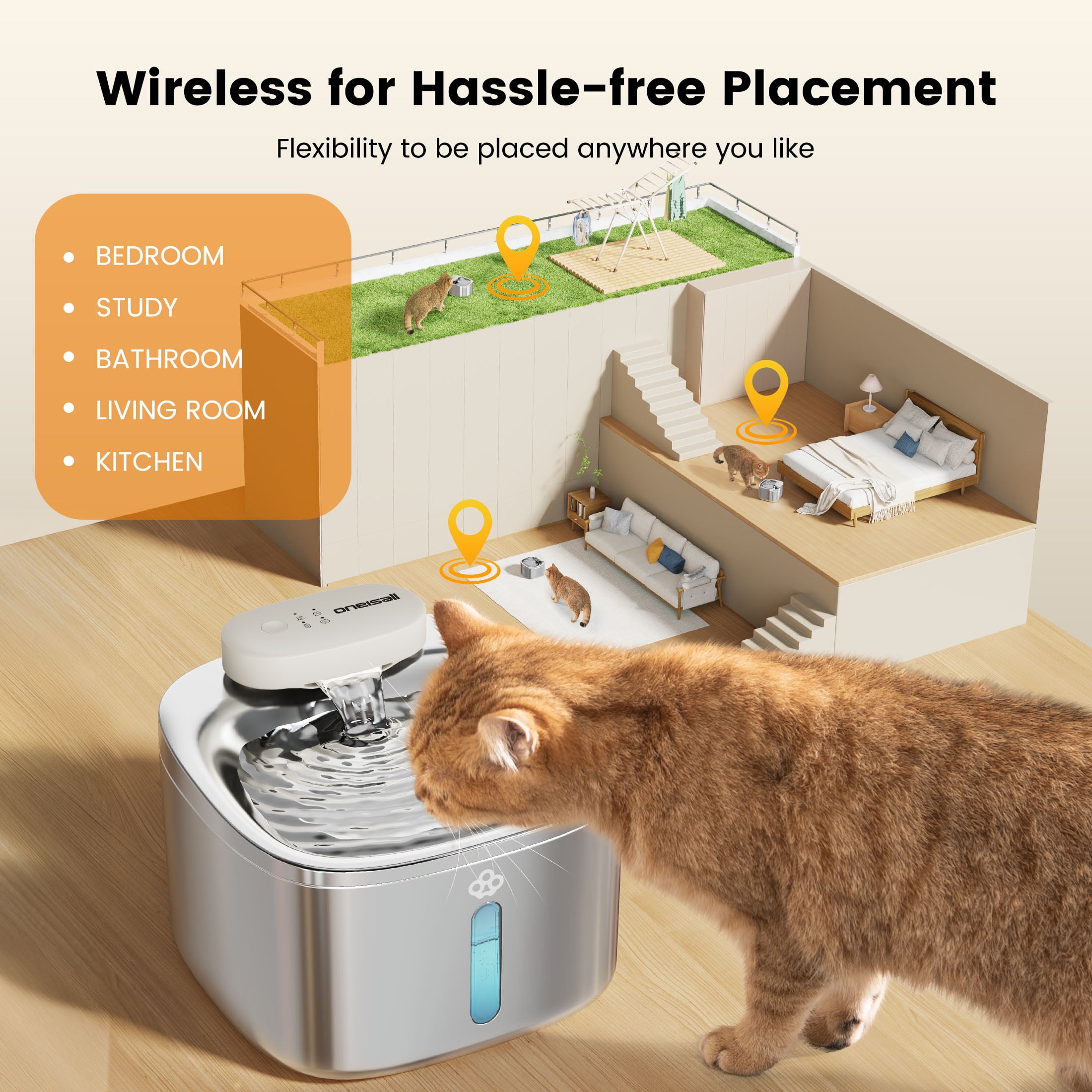 Oneisall CW-01 Wireless Cat Water Fountain 304 Stainless Steel, 3.5L/118oz Cordless Water Fountains for Cats Indoor, Silver