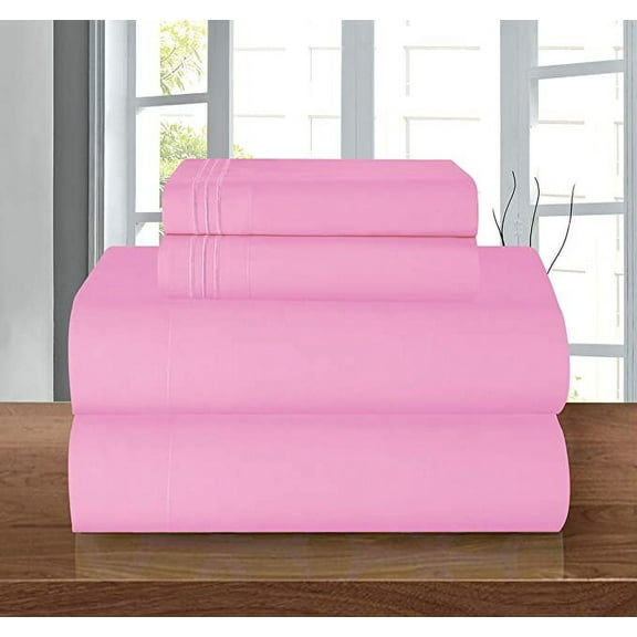 Elegant Comfort Luxury 4-Piece Bed Sheet Set Three-Line Design 1500 Series Microfiber - Wrinkle and Fade Resistant - Deep Pocket, Queen, Light Pink