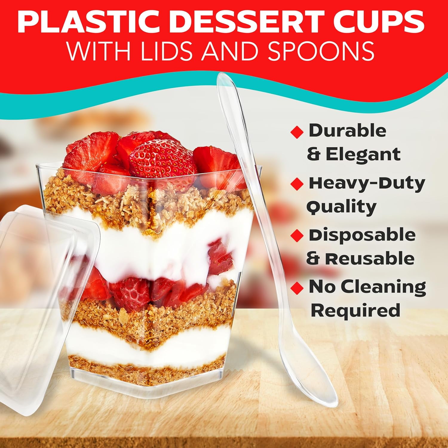 5oz Plastic Dessert Cups with Lids and Spoons - Appetizer Cups for Pudding, Parfait, Ice Cream, and Cocktails, Clear Reusable Serving Cups, Elegant Design, Pack of 200