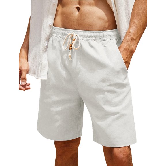 Men's Cotton Linen Casual Shorts, Elastic Drawstring Waist Knee Length Beach Shorts with 3 Pockets, Lightweight Breathable Summer Walking Shorts, 7 Colors Available