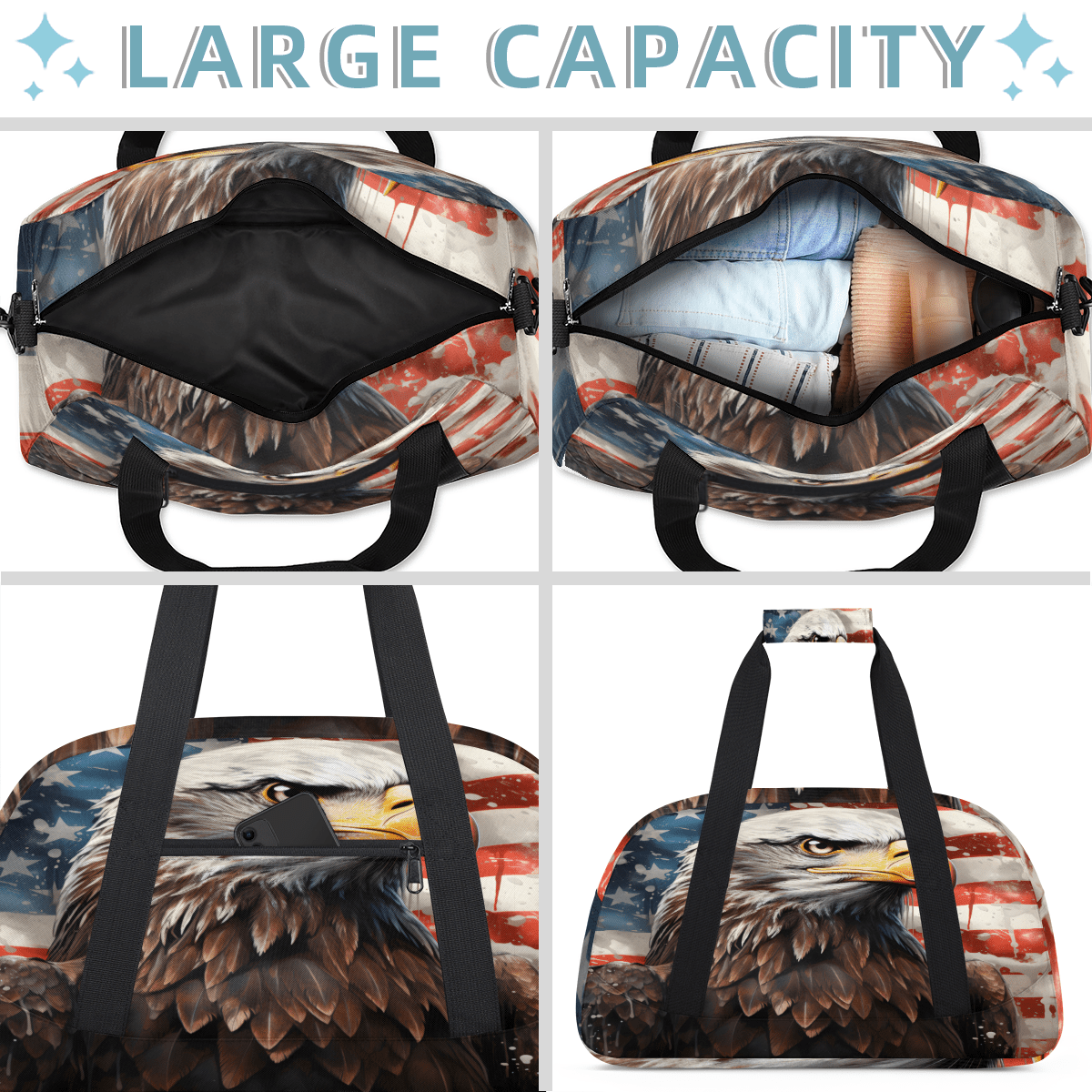 Herdesigns Patriotic Eagles Sports Duffle Bag for Women & Men, American Flag Gym Bag Dance Bag Overnight Bag Carry On Weekender Travel Bag