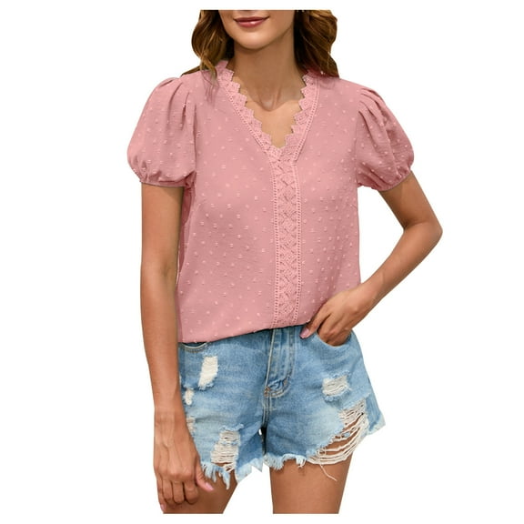 JGGSPWM Women's Adorable Comfortable Short Sleeve V Neck Solid Blouse Polka Dots T-shirts Chiffon Puff Sleeve Crochet Lace Comfortable Tops Pink XXL