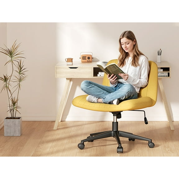 Criss Cross Home Office Desk Chair  Armless with Wheels Swivel Padded Fabric Chair, Yellow