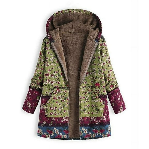 Women Winter Coat Printed Hooded Pockets Warm Fleece Floral Coat Jacket,Green 5XL