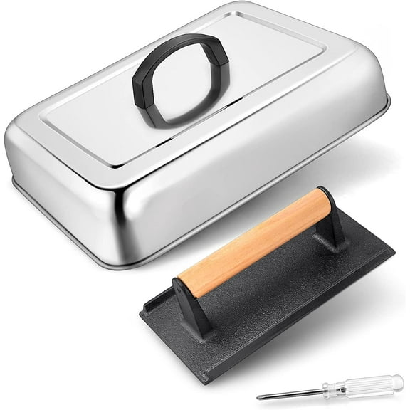 Basting Cover with Grill Press, 13 Inch Rectangular Cheese Melting Dome and Cast Iron Burger Press for Outdoor & Indoor, Griddle Accessories for Flat Top/Teppanyaki, Dishwasher Safe