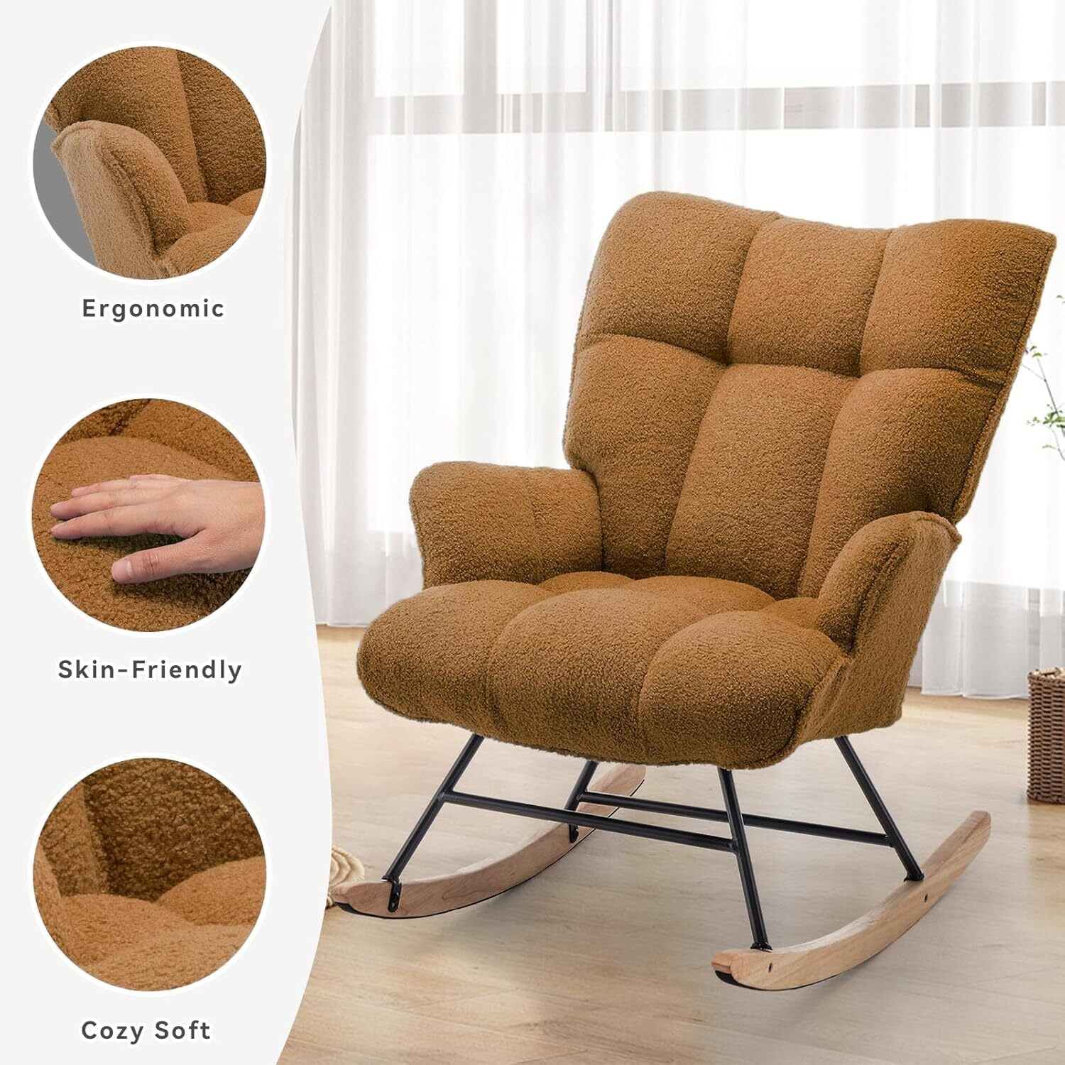 Nursery Rocking Chair Teddy, Upholstered Glider Rocker with High Backrest, Comfortable Stylish Accent Armchair with Padded Seat for Living Rooms, Bedrooms, Brown
