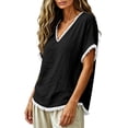 thumbnail image 5 of Linen Cotton Tops For Women Summer V Neck Short Sleeve Tassel Trim Casual Solid Classic Holiday Resort Weekend Outdoor Easy Outfit Elegant Laid Back, 5 of 6