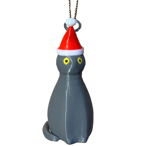 Soetta Santa Cat Christmas Tree Ornament - Made in USA - Miniature Gray Santa Cat with Hanging String (Gray Santa Cat)