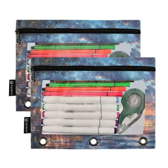 2 Pack Pencil Pouch for 3 Ring Binder Smooth Zipper Folders with Pockets Clear Window Pencil Case Lakehouse in Sunset