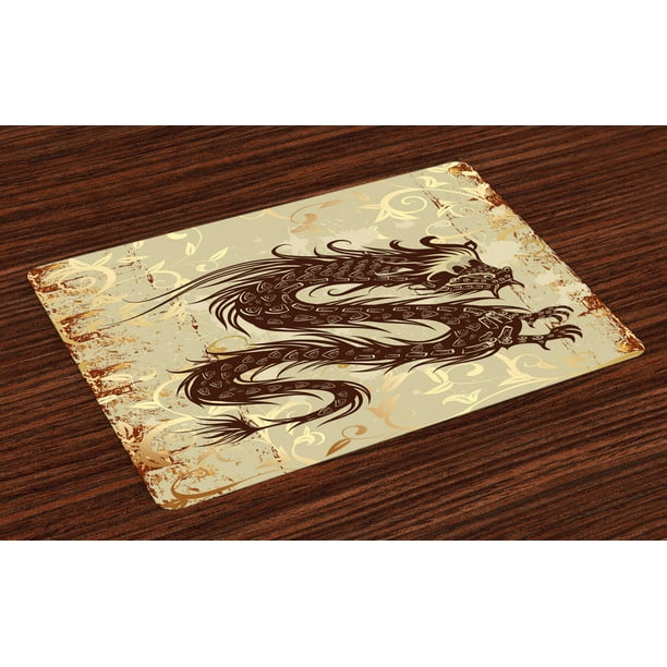 Japanese Dragon Placemats Set of 4 Antique Paper Style Grunge Backdrop with Old Asian Magical
