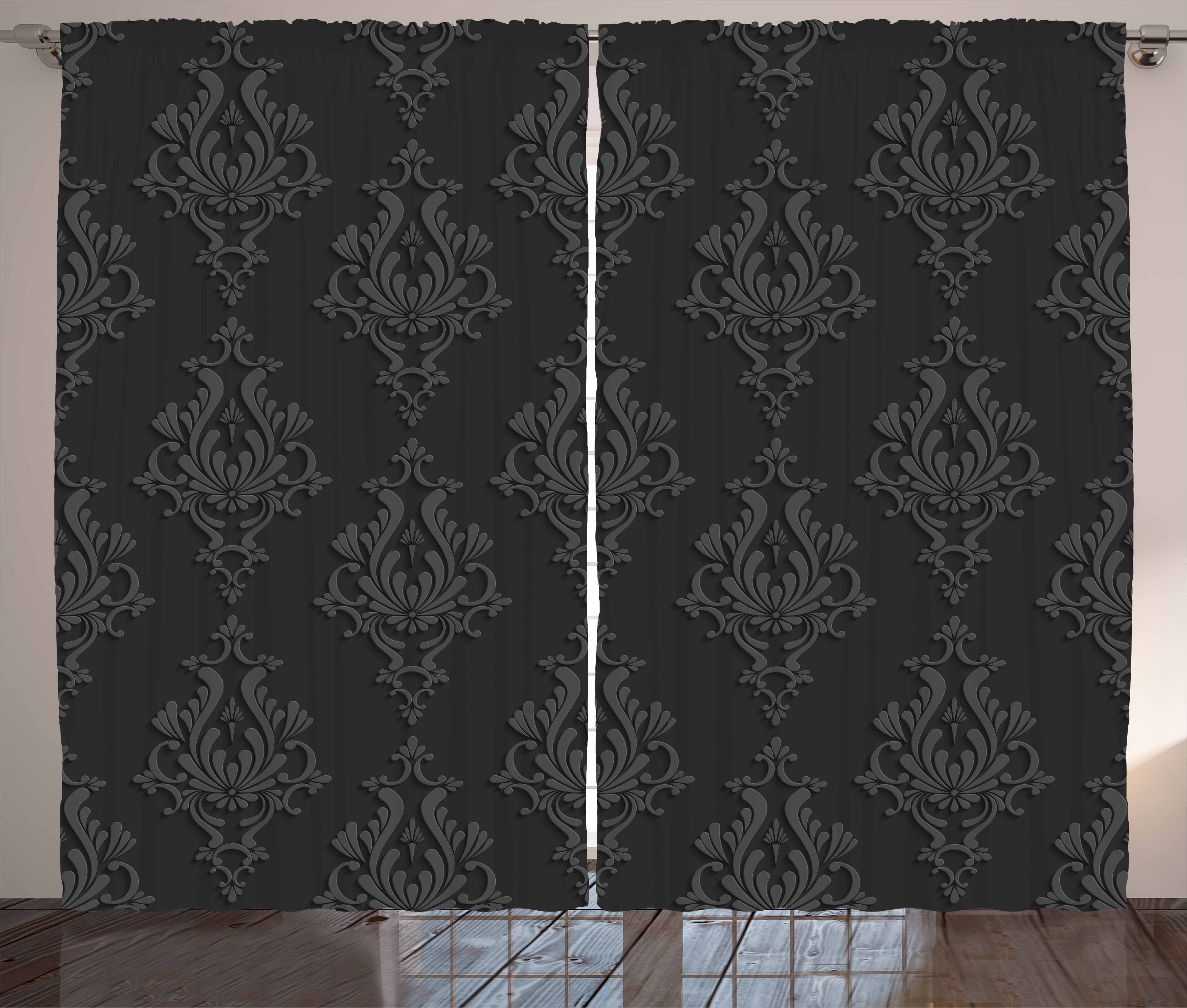 Dark Grey Curtains 2 Panels Set, Antique Damask Pattern in 3D Style