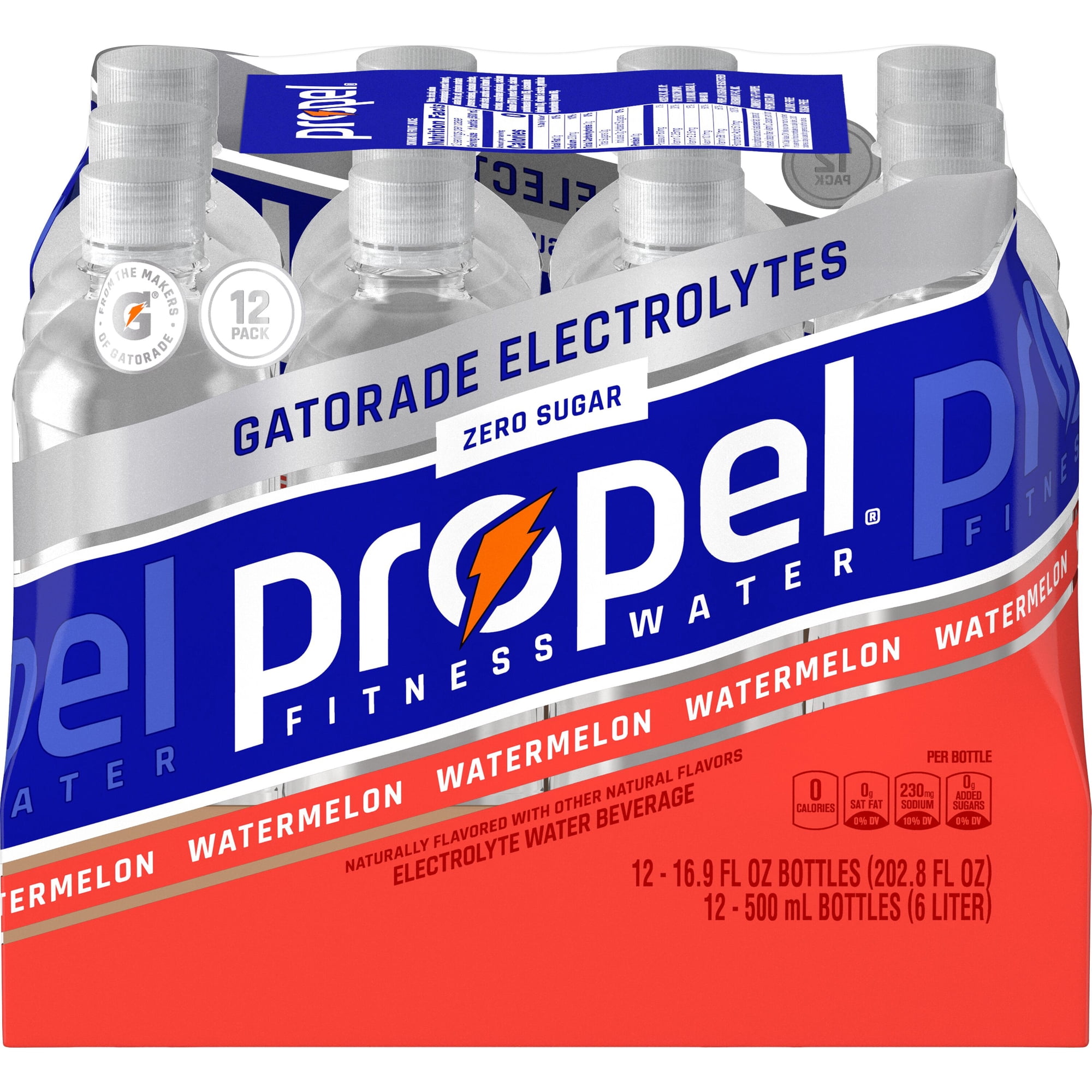 Propel Electrolyte Enhanced Water Sports Drink, Watermelon Flavored Water, Zero Calorie & Zero Sugar Hydration with Electrolytes and Vitamins C & E, 16.9 fl oz Water Bottles (12 Pack)