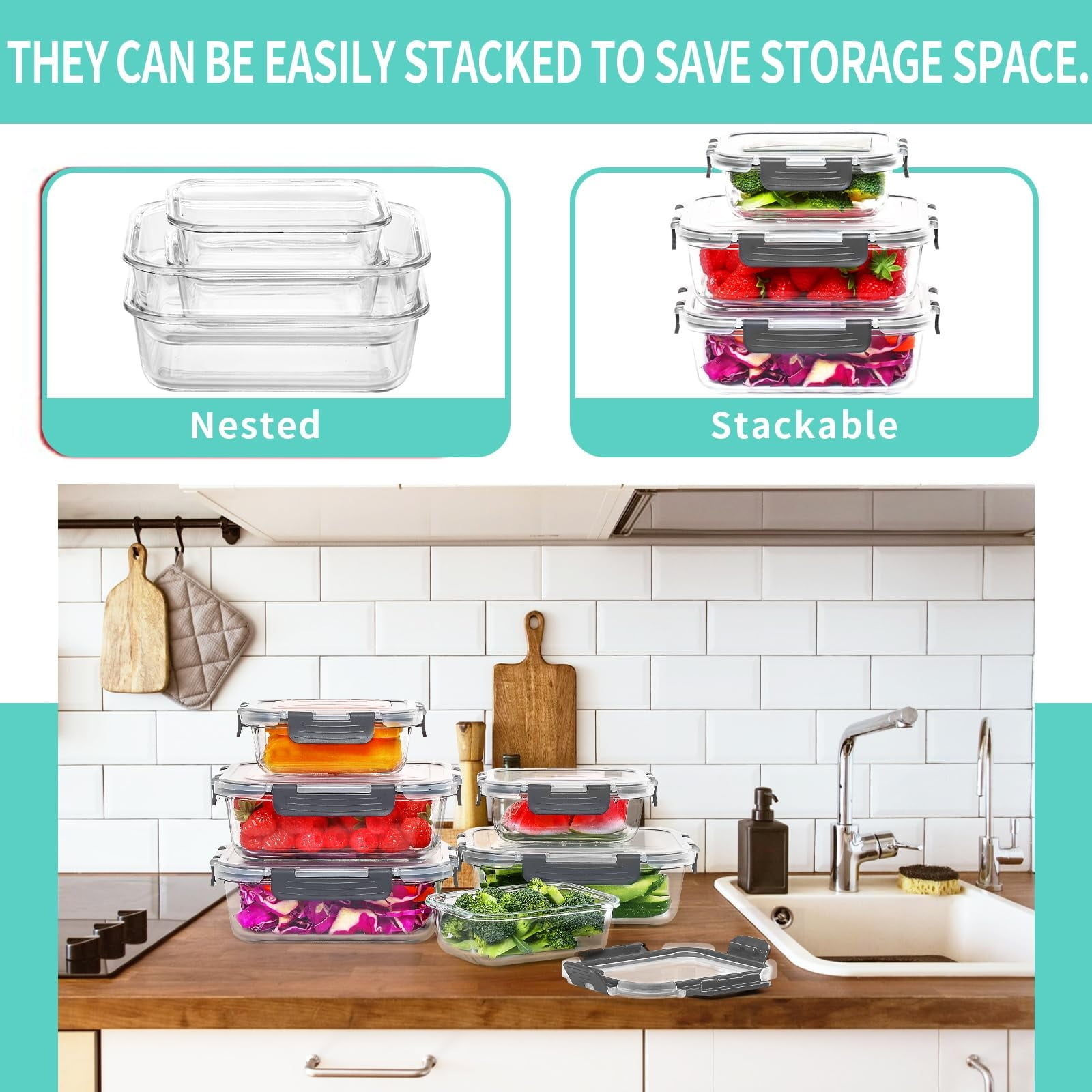 30 Pcs Glass Food Storage Containers with Lids, Glass Airtight Meal Prep Container Set for Lunch, Kitchen Pantry Organizers and Storage, Leak Proof, Gray