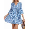 thumbnail image 3 of Vestido Bohemio de Verano para Mujer 2025, Informal, con Cuello en V, con Volantes, Minivestido Floral, Estilo Babydoll, Vestido Veraniego Pequeño. Azul S, 3 of 10