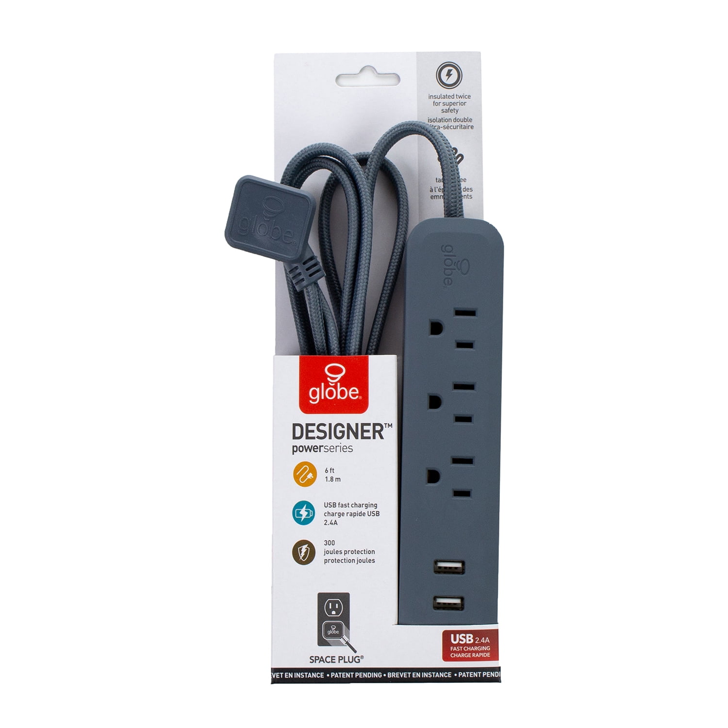 Globe Electric Watt Designer Series 6-ft 3-Outlet Adriatic USB Surge Protector Power Strip