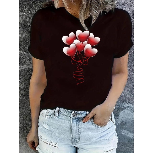 Camiseta básica para mujer veranoWomen's Casual Crew Neck T-Shirt with Creative Heart Balloon Print, Fashionable Short Sleeve Top, Polyester 95% Spandex 5%, Medium Stretch Knit Fabric, All-Season Co