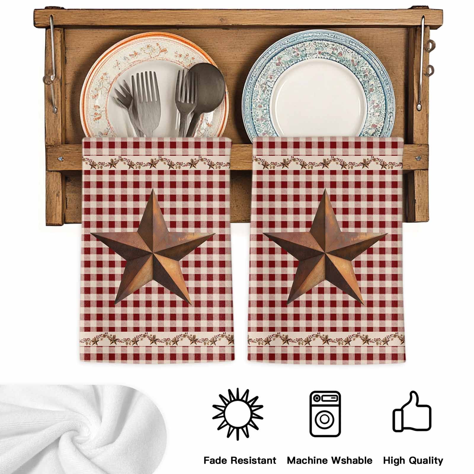 Brown Western Texas Star Vintage Kitchen Towels Set of 1, Rustic Farmhouse Red Plaid Absorbent Dish Towels for Kitchen, Microfiber Hand Towel, Quick Drying Tea Towel for Cleaning Dishcloths