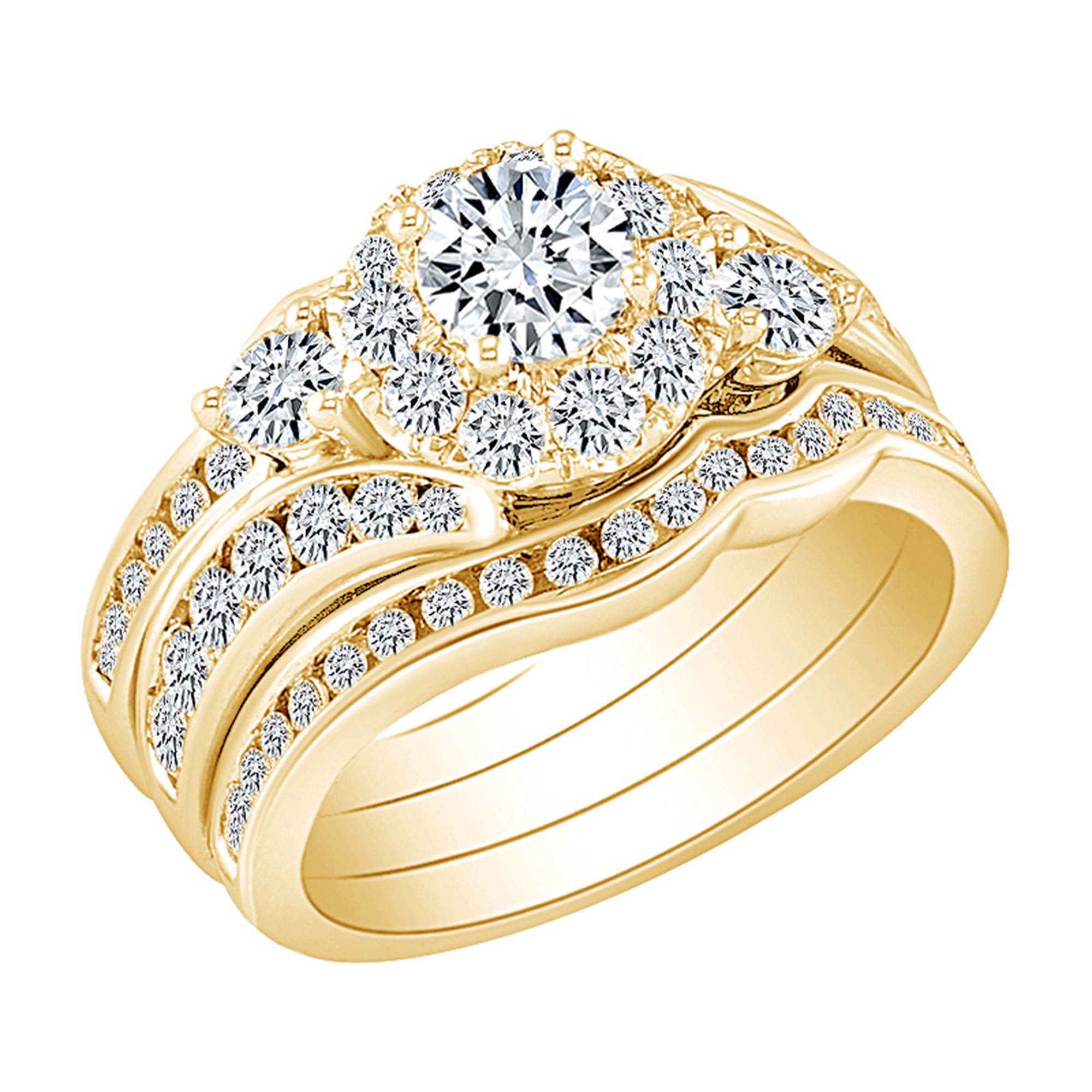 Wishrocks - 2 Cttw Womens Round Natural Diamond 3-Piece Bridal Wedding Engagement Ring Band Set 