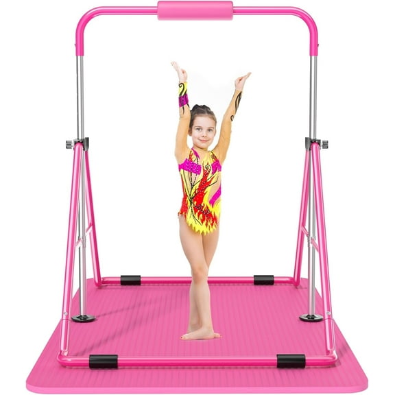 Safly Fun Gymnastics Bar with Mat for Kids, Height Adjustable Junior Training Bar Mat for Home, Folding Gymnastic Horizontal Bars Equipment (Pink Mat)