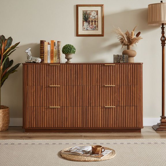 WGYPRIME 6 Dresser Chests of Drawers, Modern 55" Drawers Dresser Curved wave Design, Wood Dresser Storage Cabinet for Living Room Hallway Closet