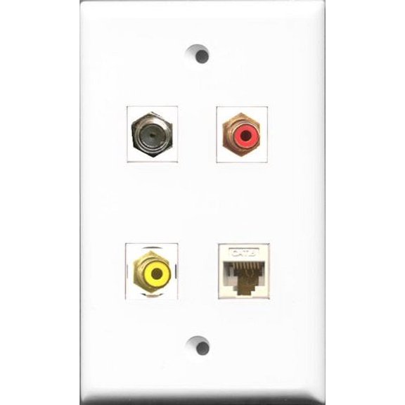 RiteAV 1 Port RCA Red and 1 Port RCA Yellow and 1 Port Coax Cable TV- F-Type and 1 Port Cat6 Ethernet White Wall Plate