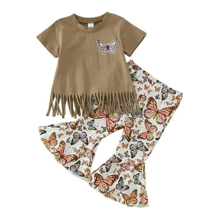

Toddler Girls Cute Outfits Short Sleeve Tassels T Shirt Pullover Tops Butterfly Prints Bell Bottoms Pants Trendy Clothes for Girls Size 3-4T