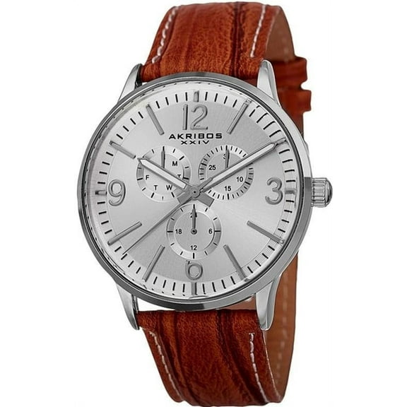 AK769BR Day Date GMT Silvertone Case Brown Leather Strap Mens Watch
