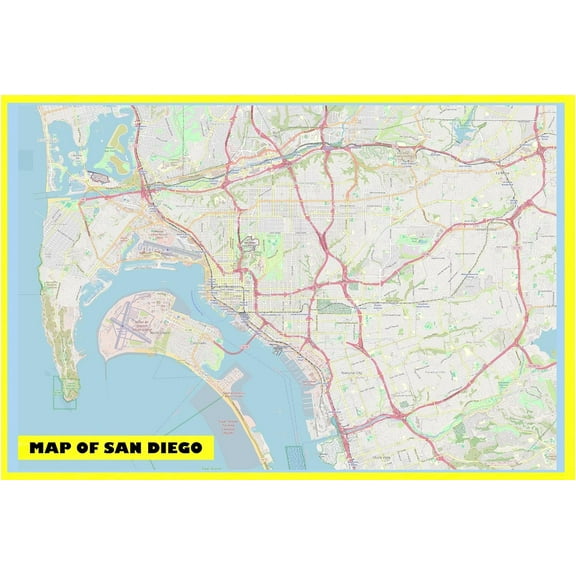 Map of San Diego 18x24 with Neighborhoods, Streets, Roads, Highways and Parks - Laminated Wall Map Poster Print - Vivid Imagery with Bright Colors