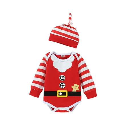 

Baby Girls Boys Christmas Three-piece Clothes Set Stripe Printed Long Sleeve Romper Pants and Cap