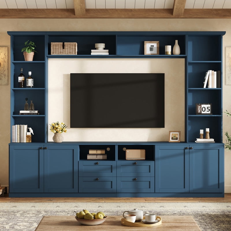 Farmhouse Entertainment Center Wall Unit with Drawers & Adjustable Shelves, TV Stand Media Console with Bridge for TVs Up to 70"