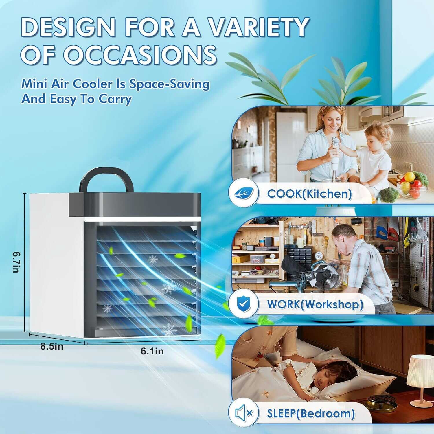 Portable Air Conditioner Fan, 3-Speed Mini Evaporative Water Cooler with Anti-Leak Design, Personal Desktop AC Unit for Home, Office, Bedroom, and Camping Tent
