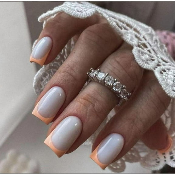 YTTAL French short square press on nails, summer false nails with cute flower pink design, glossy gel finish acrylic nails, thick natural reusable nail glue set for women, 24 pieces