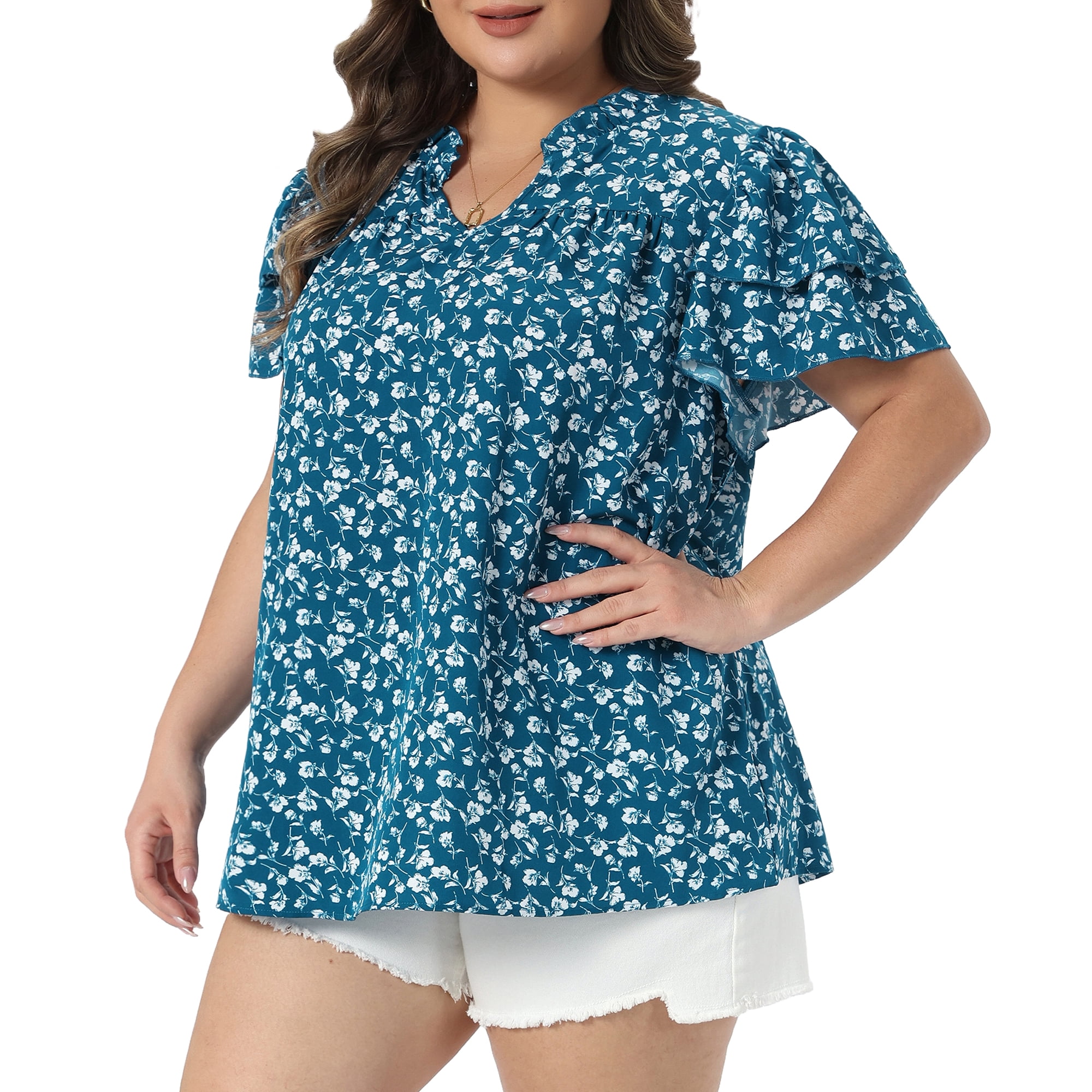 DARING DIVA Women's Plus Summer Ruffle V Neck Double Short Tops 3X Blue