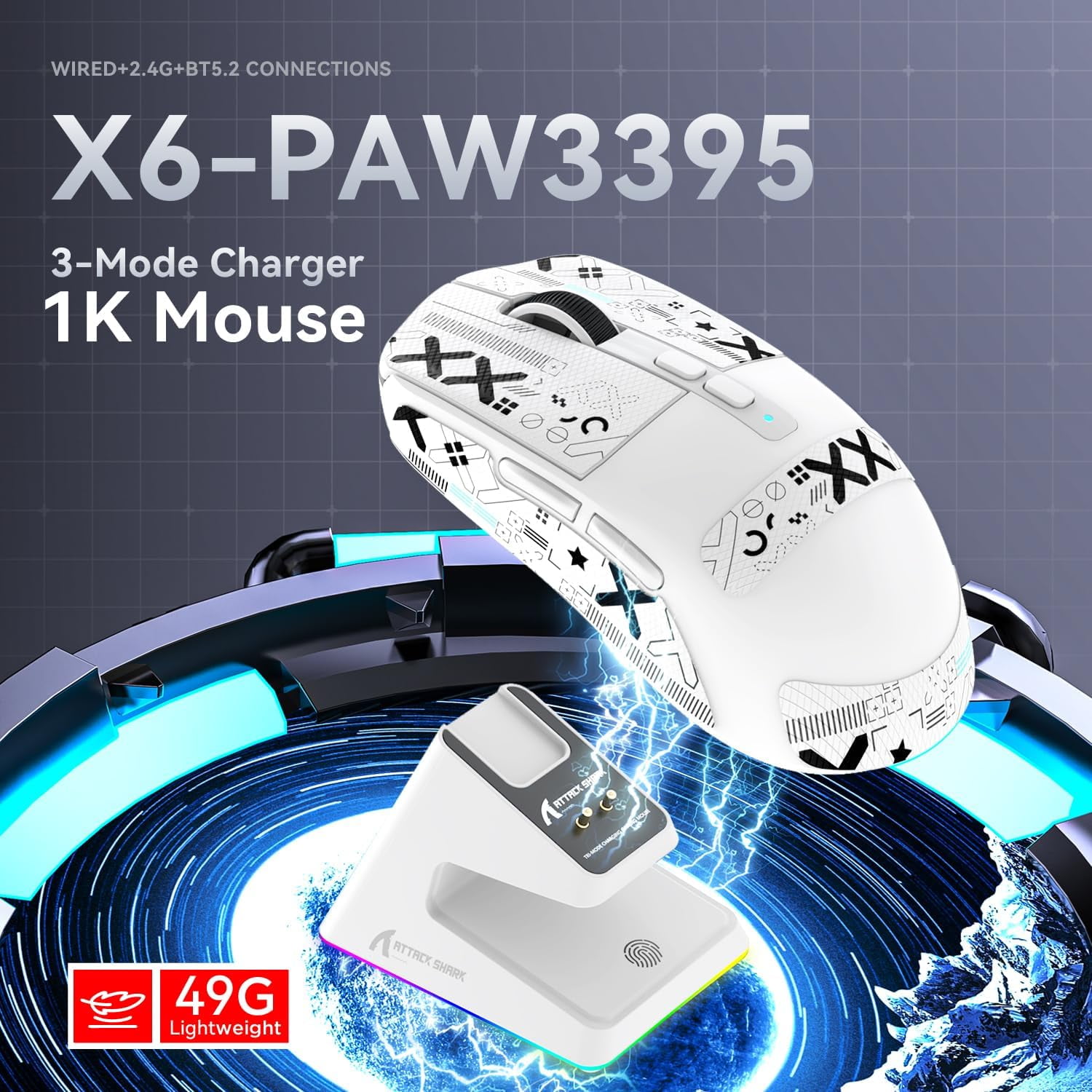 ATTACK SHARK X6 49g SUPERLIGHT Mouse, PixArt PAW3395 Gaming Sensor, BT/2.4G Wireless/Wired Gaming Mouse, 6 Adjustable DPI up to 26000, 200 Hrs Battery, G502, Office Mice for Win11/Xbox/PS/Mac (White)
