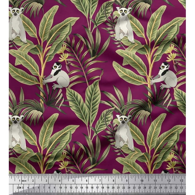 Soimoi Polyester Crepe Fabric Leaves & Lemur Animal Print Sewing Fabric Yard 42 Inch Wide