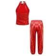 thumbnail image 2 of TiaoBug Kids Girls Hip Hop Jazz Ballet Dance Costume Sequins Halter Sleeveless Dance Crop Top with Metallic Pants Red 8, 2 of 5
