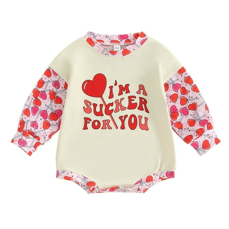 

Suealasg Infant Baby Boys Girls Spring Romper Clothes 3M 6M 12M 18M Toddler Long Sleeve Crew Neck Letter Heart Lollipop Print Jumpsuit Newborn Valentines Day One Piece Bodysuit