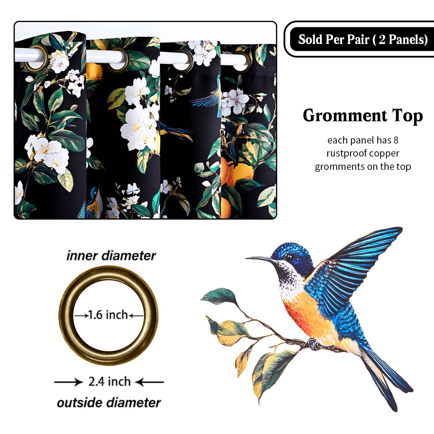 Alishomtll Floral Lemon Hummingbird Blackout Curtains Room Darkening Grommet Window Drapes for Living Room , 52" x84", ,Set of 2 Panels,Black