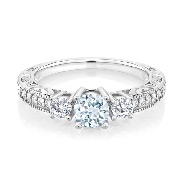 Gem Stone King 925 Sterling Silver 3-Stone Ring Round Sky Blue Aquamarine and Moissanite (0.83 Cttw, Size 7)