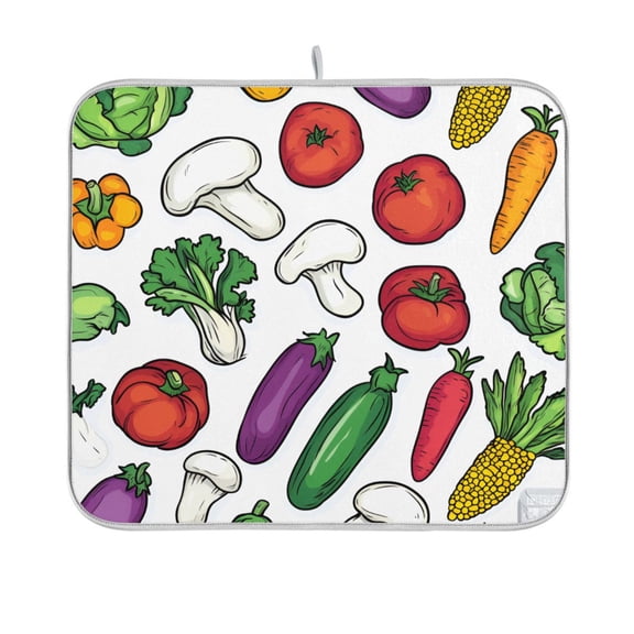 Yayeee Dish Drying Mat for Kitchen Counter 16"x18" Microfiber Absorbent Pad, Red Vegetables Pattern